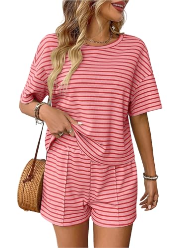 crazy bean Women's Summer 2 Piece Casual Shorts and Top T-Shirt Short Sleeve Striped Round Neck Sports Tracksuit Set
