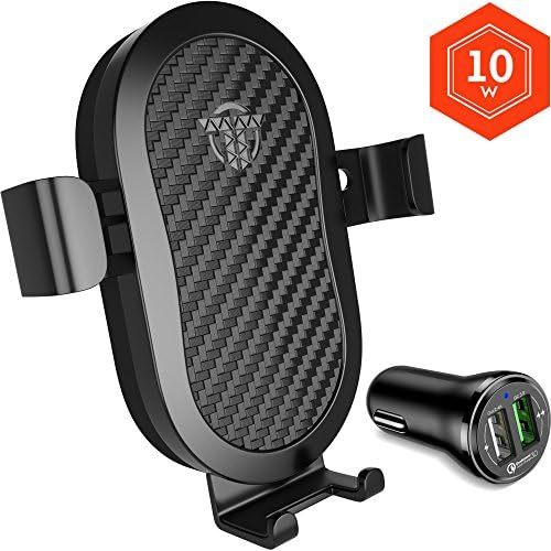 Wireless Car Charger Mount - 10W Fast Qi Car Charger Holder For iPhone X 8 Samsung Galaxy S9 S8 S7 LG Premium Charge Stand Cars Kit With QC3.0 Quick Gravity Dock and Best Q1 Cell Phone Air Vent Set
