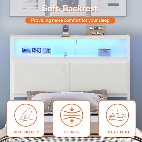 HOOBRO Twin Bed Frame, Metal Platform Bed Frame with Storage Headboard, Bed Frame with Charging Station and LED Light, White WW13UDBF01