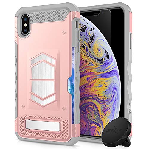 Zizo Electro Series Compatible with iPhone Xs Max Case with Tempered Glass Screen Protector Card Slot and Air Vent Magnetic Holder Rose Gold Gray