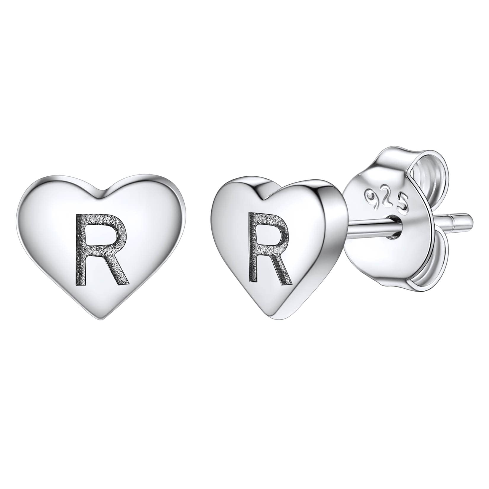 Studs Earrings for Women, S925 Sterling Silver Heart Initial Letter R Small Tiny Earrings for Girls Ladies Mum Daughter Sisters Friends Lover Hypoallergenic Silver Jewellery with Gift Box