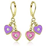 Kids Earrings | Two Hearts Dangle Earrings | Hypoallergenic 18k Gold Plated Leverback Earrings for Girls