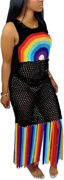 Women's Sexy Sleeveless Long Maxi Dress Mesh See Through Rainbow Tassel Dresses Clubwear at 