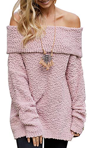 BTFBM Women Elegant Off Shoulders Fuzzy Warm Sherpa Fleece Popcorn Knit Long Sleeve Loose Sweaters Pullover Tops (Pink, Medium)