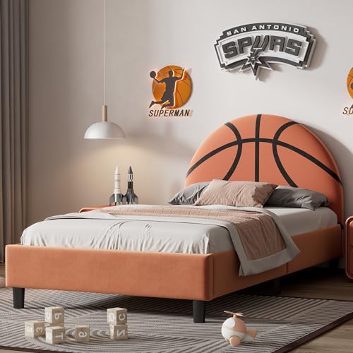 Merax Basketball Design Velvet Upholstered Platform Bed for Boys, Girls, Teens,…