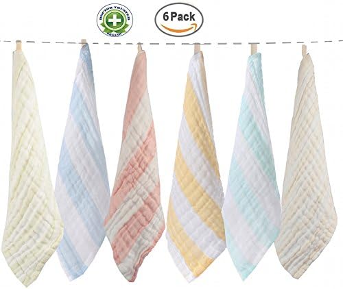 QzxBright Baby Muslin Washcloths (6 pack) - 12"x12" Reusable Wipes - Natural Organic Cotton Baby Wipes - Soft Newborn Baby Face Towel for Sensitive Skin, Best for Shower Gift