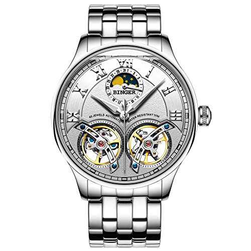 Automatic Watch for Men Luxury Mechanical Watches Stainless Steel Waterproof BINGER Brand Gold Blue Clock (White)
