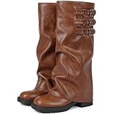 EQAUDES Knee High Boots Women Fall Slouchy Fold Over Tall Boots - Motorcycle, Hidden Zipper, Fashion Buckle, Platform, Square Toe