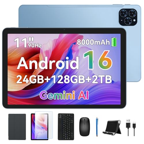 Tablet, Android 16 Tablet with 11 Inch FHD Display, 24GB RAM 128GB ROM /2TB TF, T615 Octa-Core+13MP Camera, 8000mAh, Widevine L1, 3 in 1 Tablets with Keyboard Mouse Pen, 4-Year Warrant, Blue
