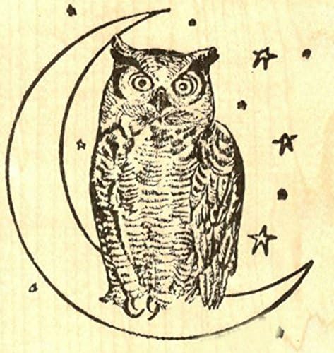 {Single Count} Unique &amp; Custom (3" by 3.5" Inches) "Forest Night Creatures Cresent Moon Stars &amp; Owl" Rectange Shaped Genuine Wood Mounted Rubber Inking Stamp