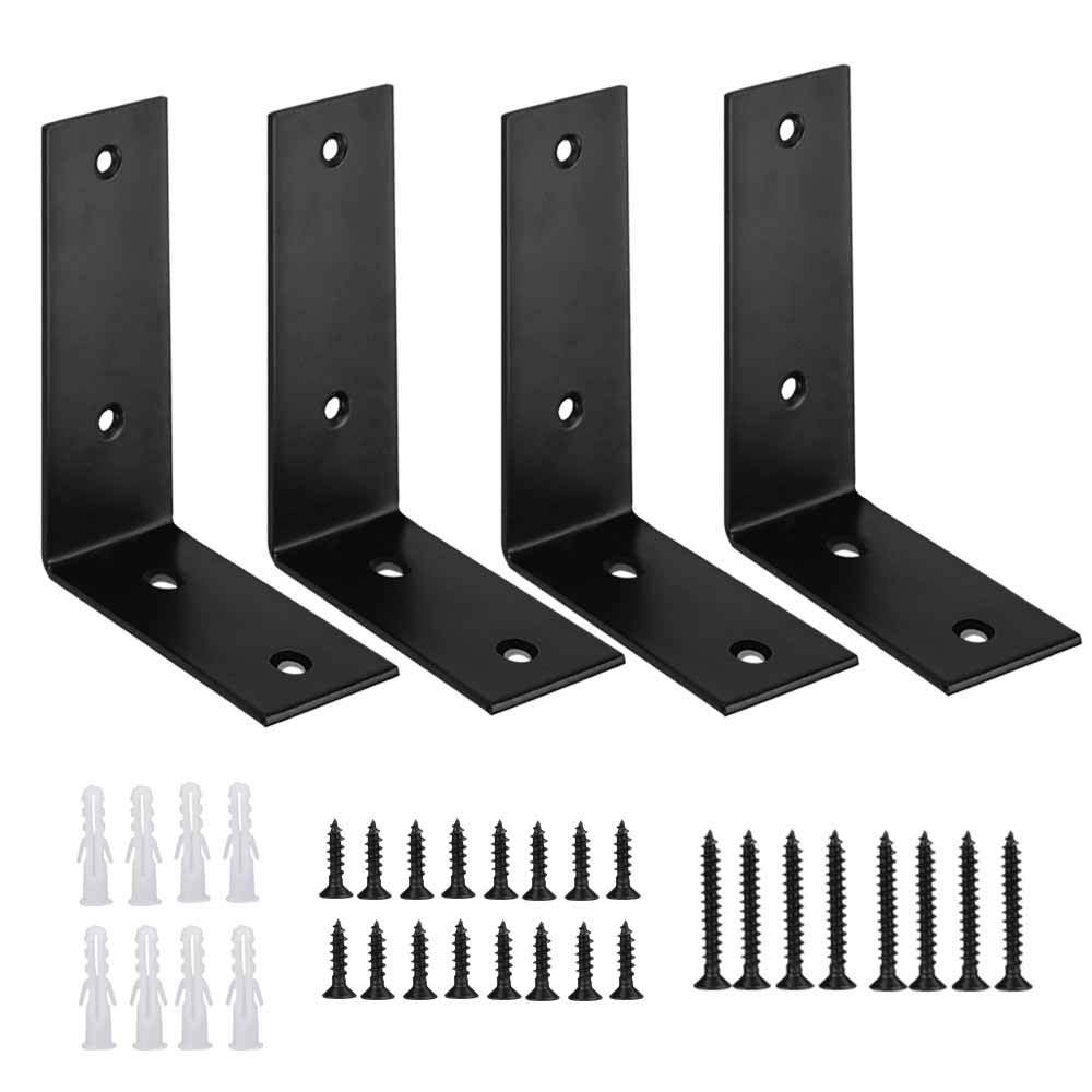 4 Pack Heavy Duty Shelf Brackets No Rust Right Angle Braces Black Corner Brackets Countersunk Screw Holes L Shaped Metal Bracket Wall Shelf Bracket for Bookshelves, Kitchen Shelves, Display Shelves