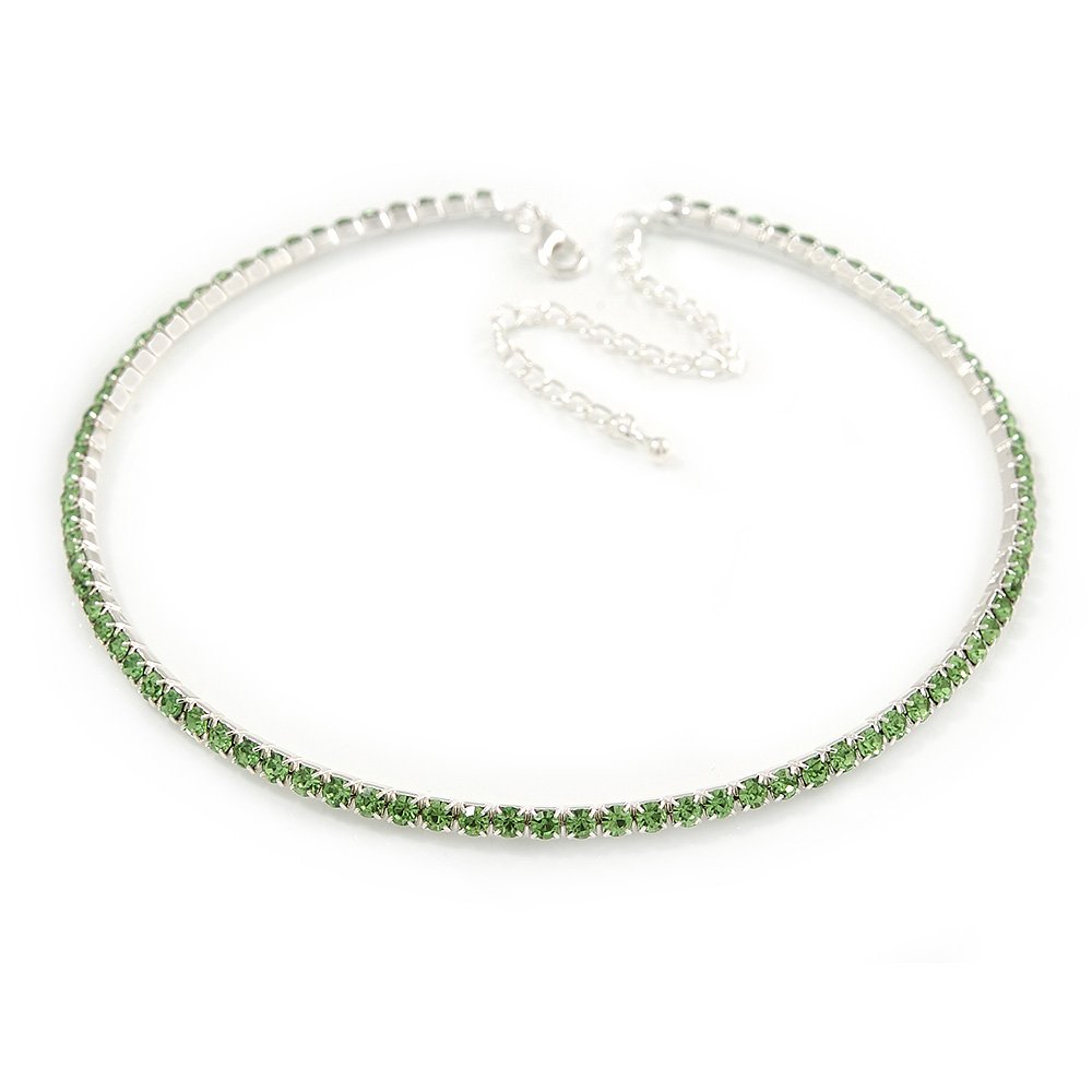 Avalaya Salad Green Crystal Choker Necklace/Silver Tone/35cm L/ 11cm Ext
