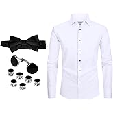 JOFELLI Men's Dress Shirt White 4-Way Stretch Slim Fit Convertible Tuxedo and Regular Bowtie, Cufflinks and Stud Included