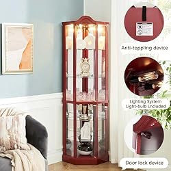 Firscook Curio Cabinet,Lighted Wooden Corner Curio