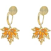 Clip On Maple Leaves Dangle Drop Fake Hoop Earrings for Women No Piercings Ear Dainty Elegant Gold Plated Enamel Autumn Leaf Cuff Wrap Earring Fashion Jewelry Gifts for Birthday Hypoallergenic