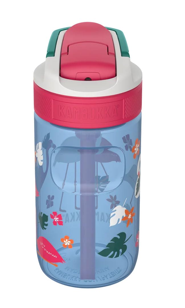 Kambukka Lagoon 400ml / 14oz Kids Water Bottle with Straw in Plastic - Leak-proof, Dirt & Odour Resistant, Dishwasher Safe - Shockproof and Durable Drinking Bottle - Blue Flamingo