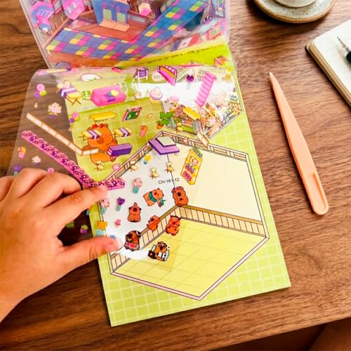 Caderno De Adesivo 3D Capivara Divertida com 6 Cenários DIY e Pinça Para Montar e Decorar 13x18cm Livro Espiral Interativo Para Adulto Criança Brincar Presente infantil Criativo Sticker Book (AMARELO)