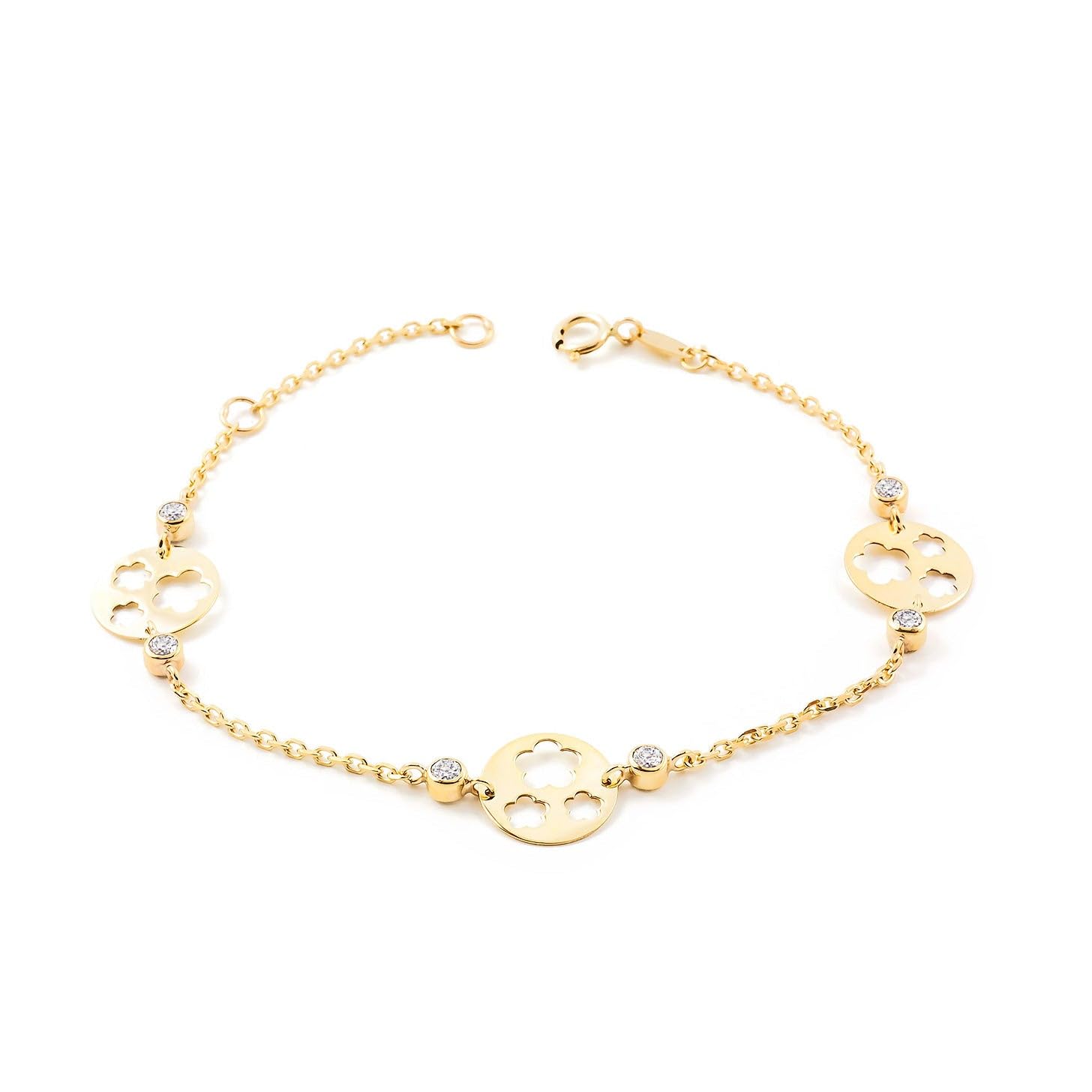 Monde Petit - 9ct Yellow Gold Girls Bracelet Matte and Shiny Zirconia Flowers 17 cm