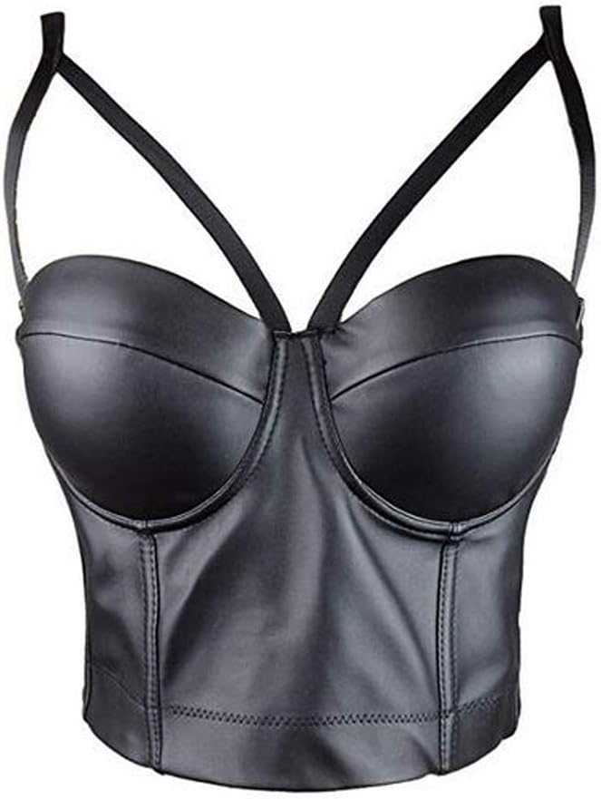 WoborenWomen's Straps PU Leather Bustier Crop Top Push Up Corset Top Bra for Club Party Sports