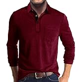 Men's Casual Polo Shirts Classic Button Basic Long Sleeve Shirt Solid Color Cotton Tees Stylish Tops