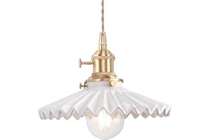 Shenmoyl Pendant Light with White Pleated Ceramic Lmapshade, Brass Vintage Pendant Light Adjustable Hanging Light for Kitchen Island Dining Room Hallway