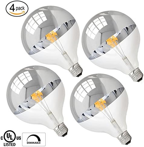 (4-PACK) LED G40 Half Chrome Silver Bowl Globe Shape Vintage Filament Bulb, 6W (60W Replacement) 2700K Warm White, 600 Lumens, (E26) Medium Base, Dimmable, UL-Listed