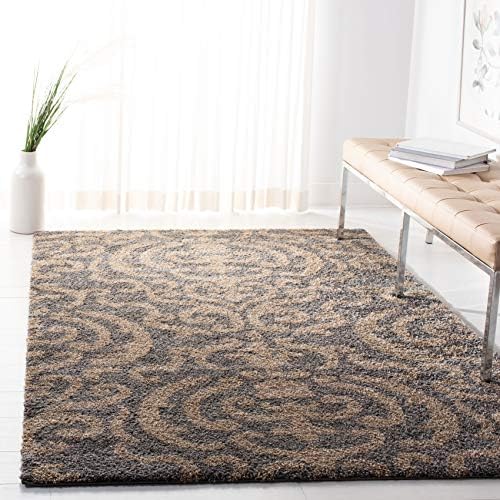 SAFAVIEH Florida Shag Collection SG462 Damask Non-Shedding Living Room Bedroom Dining Room Entryway Plush 1.2-inch Thick Area Rug, 5'3" x 7'6", Grey / Beige