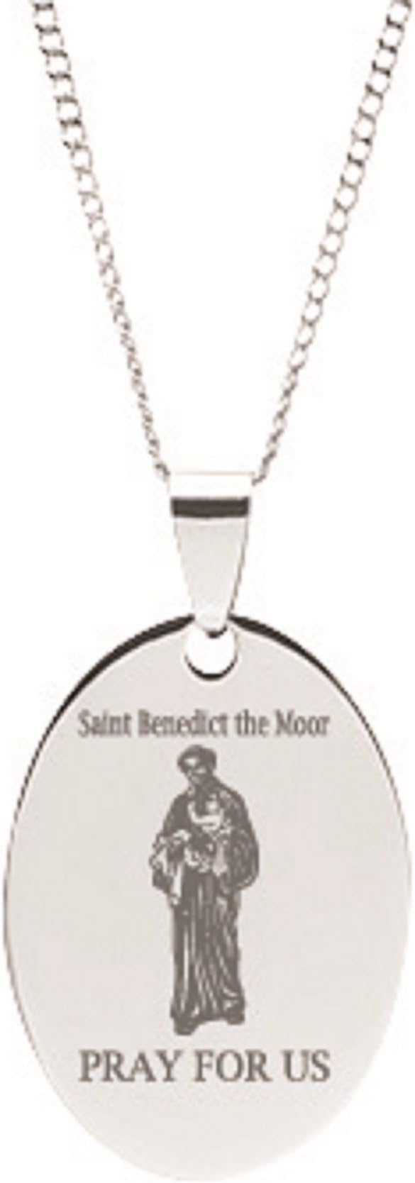 DMDCollection Stainless Steel Engraved St. Benedict Personalized Oval Pendant with Chain (18" Cable Chain)