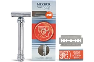 MERKUR 39C Double Edge Safety Razor, Slant Bar Design- Long Handle, Made in Germany, Plastic-Free, Two Piece Design