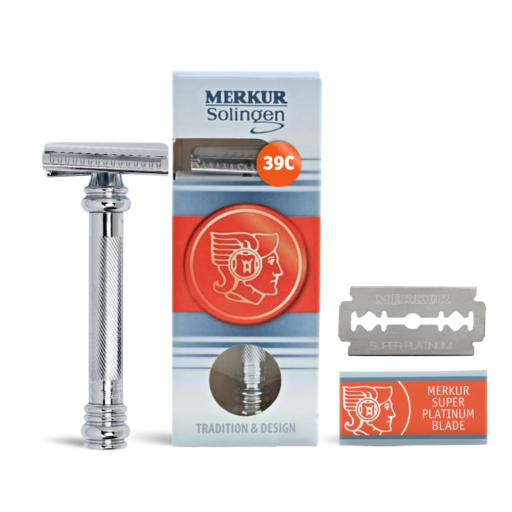 Photo 1 of MERKUR 39C Double Edge Safety Razor, Slant Bar Design- Long Handle, Made in Germany, Plastic-Free, Two Piece Design