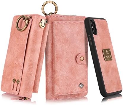 iPhone X Zipper Wallet Case, B4Uebuy Multifunction Handmade Premium PU Leather [Detachable Wallet Folio] [Build in Metal Plate][Wrist lanyard]Purse &amp; Card Slots for Apple iPhone X/iPhone 10(Pink)