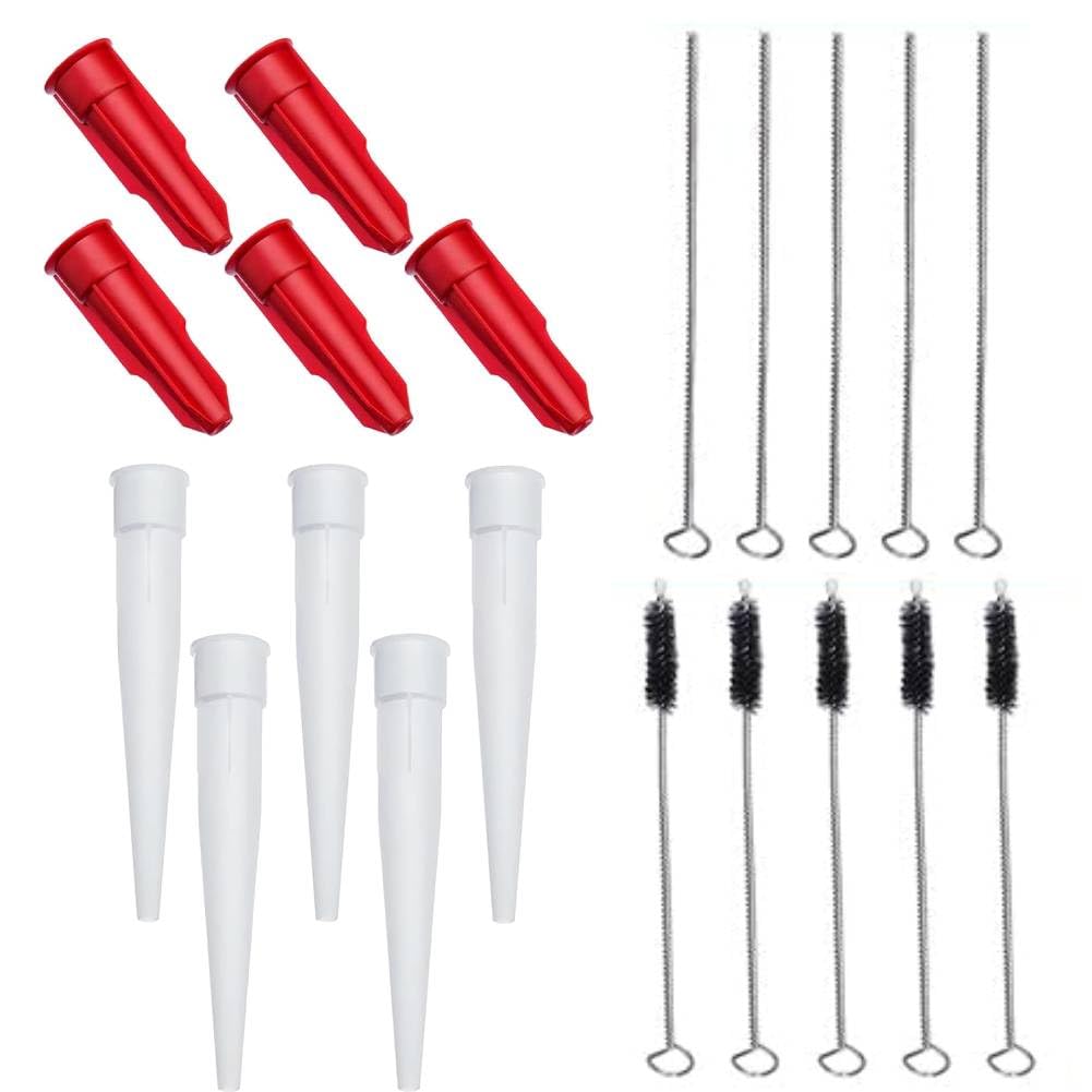 Uadme Spare Sealant Nozzles, Silicone Resealable Anti Clogging Caulking Tips with Screw Tube Caps and Cleaning Brush, 5Pcs Caulk Sealing Kit for Bathroom Kitchen Finishing Sealing