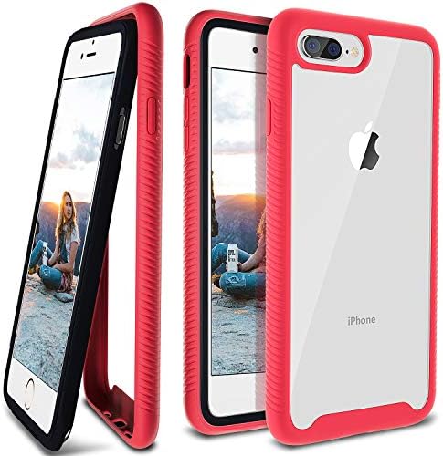 ANSIWEE iPhone 8 Plus Case, Reinforced Frame Crystal Hard Back Durable Shock-Absorption Soft TPU Bumper 360 Protective Case Cover for Apple iPhone 6 Plus/ 6s Plus/ 7 Plus/ 8 Plus 5.5 inch (Red Pink)