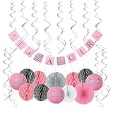 Baby Shower Decorations for Girl ALL INCLUSIVE SET | It's Girl Banner |4 FREE BABY SHOWER GAMES | Flush Pink and Glittery Silver | 25 Pieces |Honeycomb Balls, Fans, Banner, Lanterns, Games