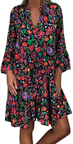 Hanomes Women's 2019 and Winter Plus Size Swing Dress Ladies Loose Print Casual Long Sleeve V-Collar Button Mini Dress Fashion Vintage Cocktail Dress A-Line Dress
