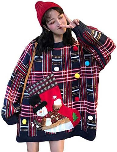 バイバン レディース ニット セーター 贈答 ゆったり 長袖 プルオーバー 可愛い 冬 トップス クリスマス風 チェック柄