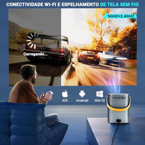 Projetor Portátil HY6, Projetor Compatível 4K com Som de Alta Performance, Conexão WiFi 6 Banda Dupla 2.4G+5G, 110V-240V