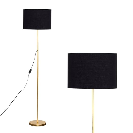 Modern Standard Floor Lamp in a Gold Metal Finish with a Black Cylinder