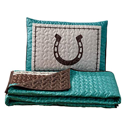 WPM WORLD PRODUCTS MART Western Teal/Beige/Brown Horseshoe, Horse, Barb Wire Cowboy Print Bedspread 3 Piece Southwestern Cabin Lodge Design Coverlet Quilt Set- JENA (Queen) - Thumbnail 6