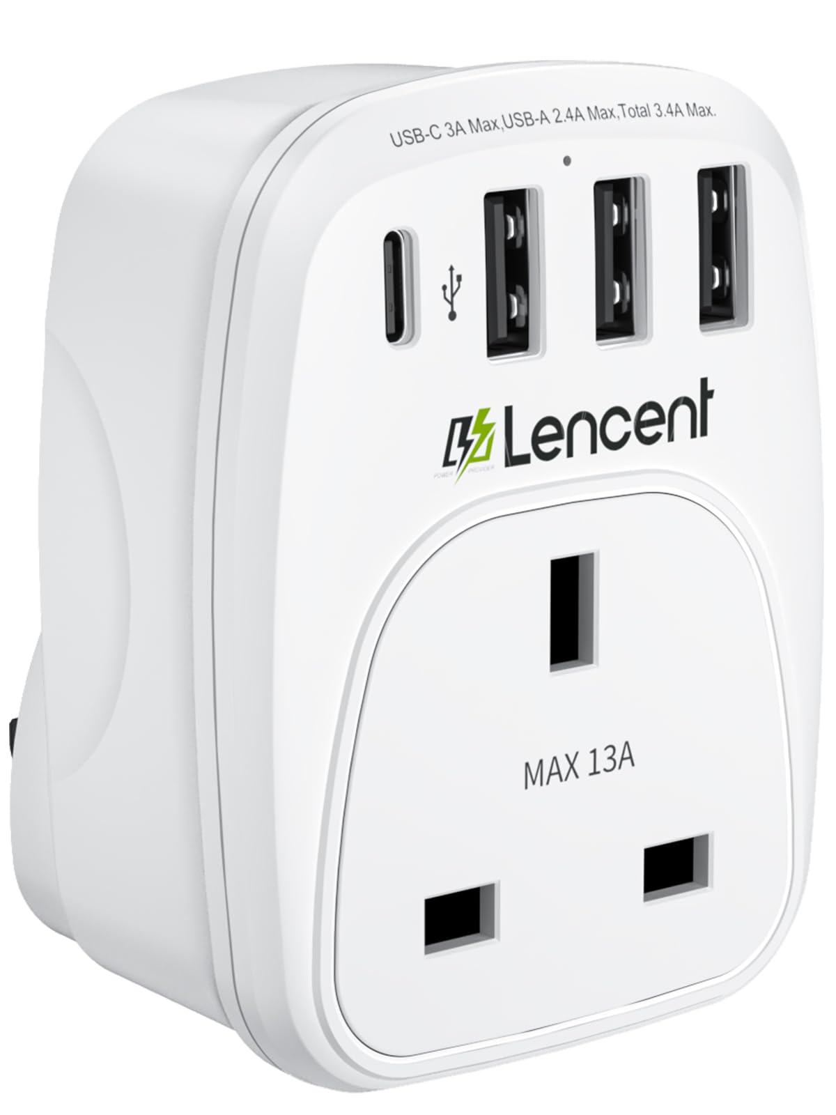 LENCENT USB Plug Charger UK with 1 Type C and 3 USB Ports, 1 Way Socket Extension, 5-in-1 Multiport Adapter Plug UK for Household Appliances, iPhone, Smartphone Tablets, Ideal for Home Office 3250W