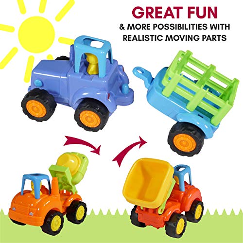 Friction Powered Cars Push and Go (4 Pack), Construction Vehicles Toys for Toddlers Including Tractor, Bulldozer, Cement Mixer, Dump Truck, Car Truck Toys Play Set for 2 3 4 Years Old Boys Gift
