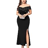 TIARALY Plus Size Off The Shoulder Mermaid Maxi Dress Rhinestone Ruched Slit Formal Evening Gown Wedding Guest Cocktail