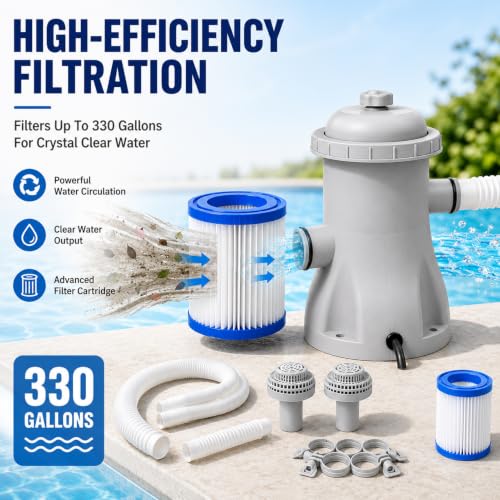 de Bomba de filtros de Piscina de Cartucho, 330 GPH, Potente Bomba de Filtro de Piscina, Cartucho eléctrico de Alta eficiencia para Piscinas sobre el Piso