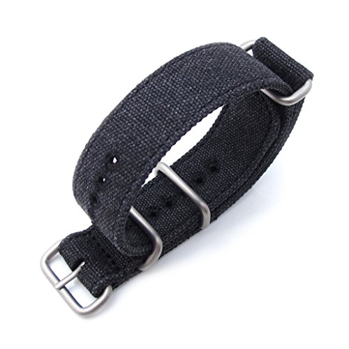MiLTAT 22mm Washed Canvas Zulu Black Double Thickness Watch Strap Lockstitch Round Hole