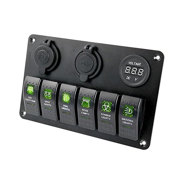 Proelectric-Green-LED-Light-1-Waterproof-MarineBoat-Car-Switch-Panel-6-Gang-USB-Charger-Voltage-Indicator-Power-Socket-5-pin-On-Off-Rocker-Switch