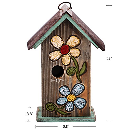 CEDAR HOME Hanging Bird House Outdoor Garden Patio Decorative Resin Pet Cottage Carved Bouquet Wooden Birdhouse, Brown