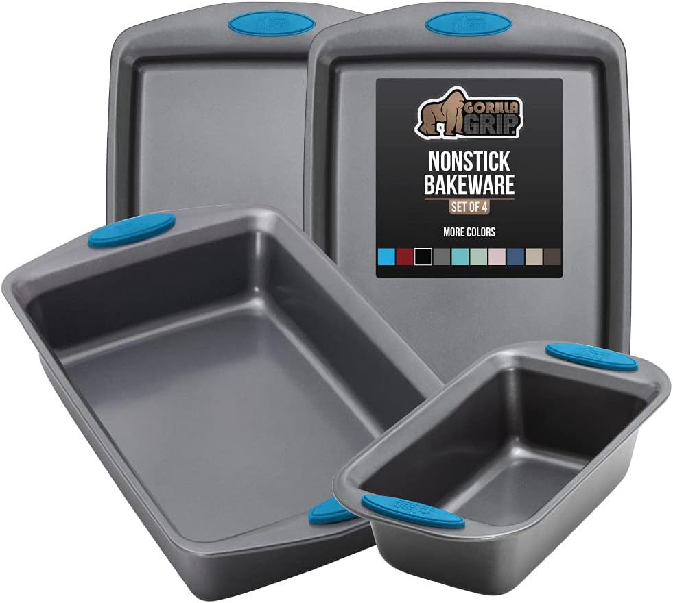 Gorilla Grip Bakeware Sets, Nonstick, Heavy Duty Carbon Steel, 4 Piece Kitchen Baking Set with Silicone Handles, 2 Large Size Cookie Sheets, 1 Medium Sized Oven Roaster Pan and 1 Loaf Pan, Aqua: Kitchen & Dining