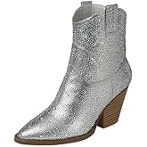 Forever Women's Rhinestone Block Heel Ankle Boots River-01 Silver 6