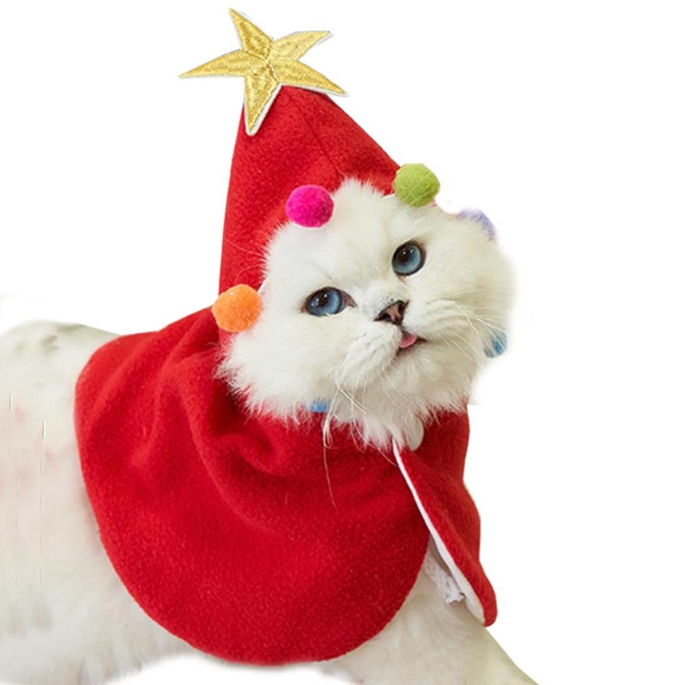 ANIAC Pet Dog Christmas Costume Puppy Xmas Cloak with Star and Pompoms Cat Santa Cape with Santa Hat Red Doggy Outfit Winter Cat Clothes for Kitten and Small to Medium Sized Dog (Small, Red)