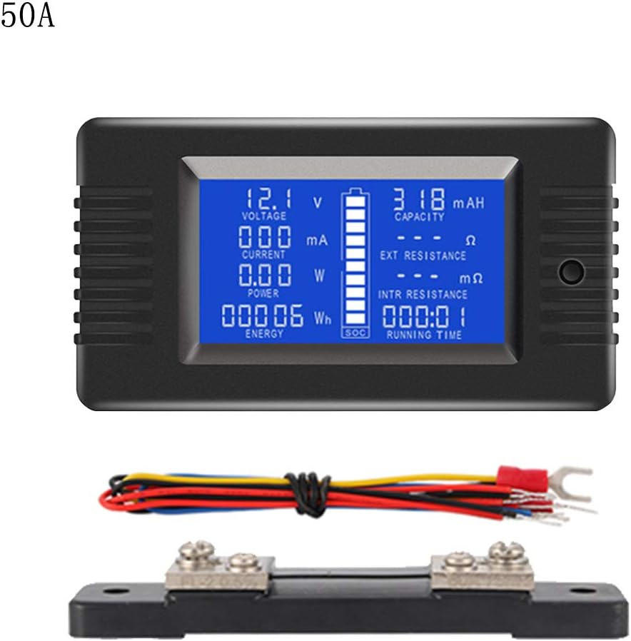 Rtengtunn DC 0-200V 0-300A Battery Monitor Voltmeter Ammeter Watt Impedance Capacity Energy Time Voltage Current Meter - 50A
